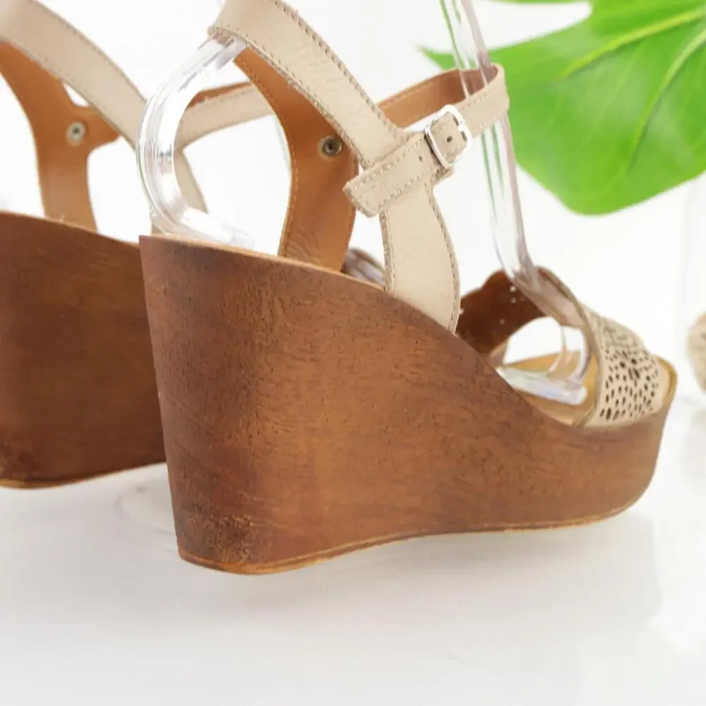 Mariella Womens Sandal Size 8.5 Tan Leather Wedge Platform Ankle Strap Shoe Boho